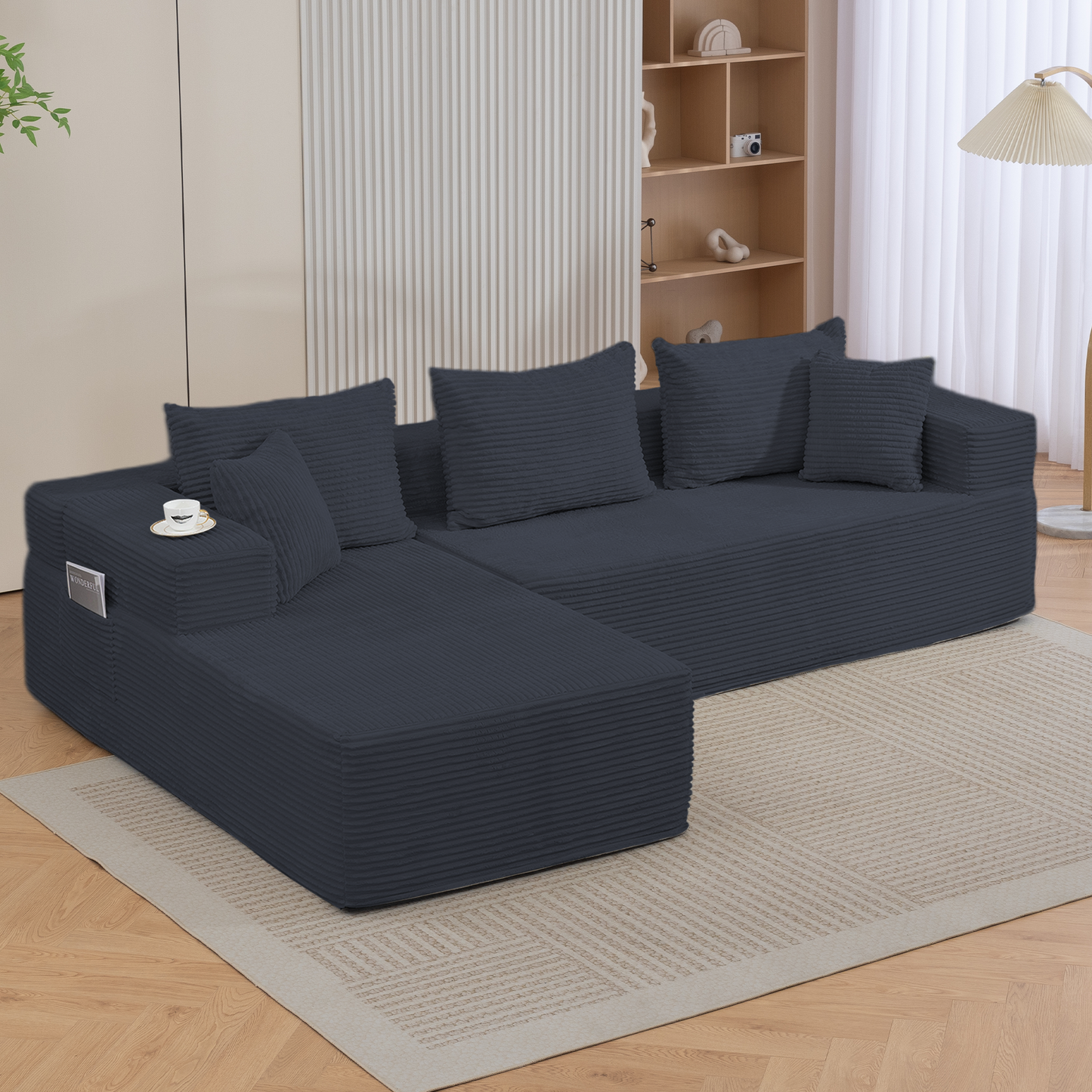 DELMANGO Modular Sectional Sofa with L-Shape Chaise, Corduroy Boneless Couch Set for Living Room, No Assembly Required, Black
