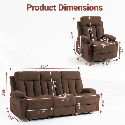 DELMANGO Manual Recliner Sofa Set, 2 Piece Reclining Living Room Furniture Sets with Cup Holders for Home Theater, Office (Brown, Sofa+Chair)