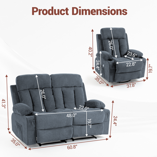 DELMANGO Manual Recliner Sofa Set for Home Theater, Office (Blue, Loveseat+Chair)