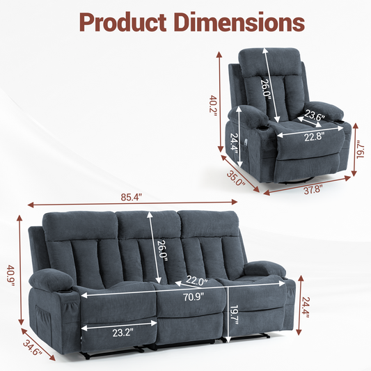 DELMANGO Manual Recliner Sofa Set for Home Theater, Office (Blue, Sofa+Chair)