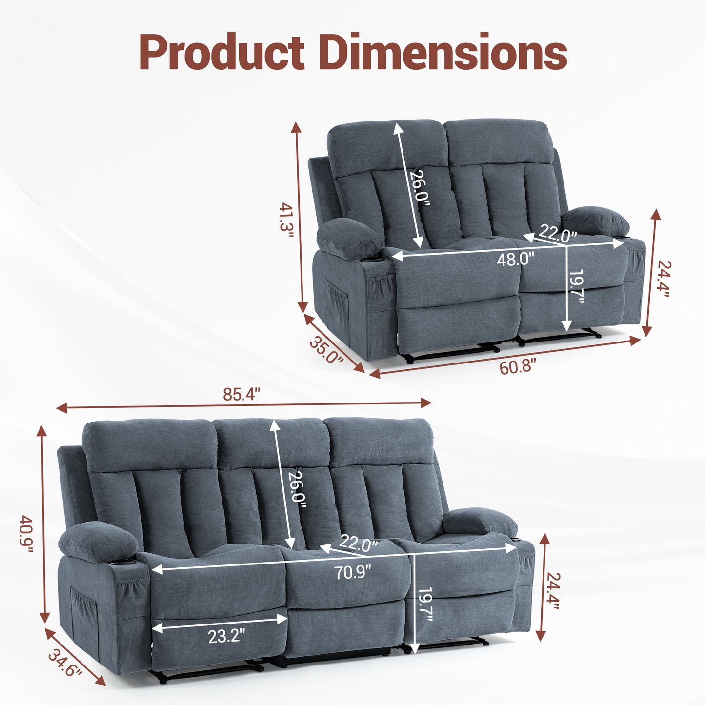 DELMANGO Manual Recliner Sofa Set for Home Theater, Office (Blue, Sofa+Loveseat)
