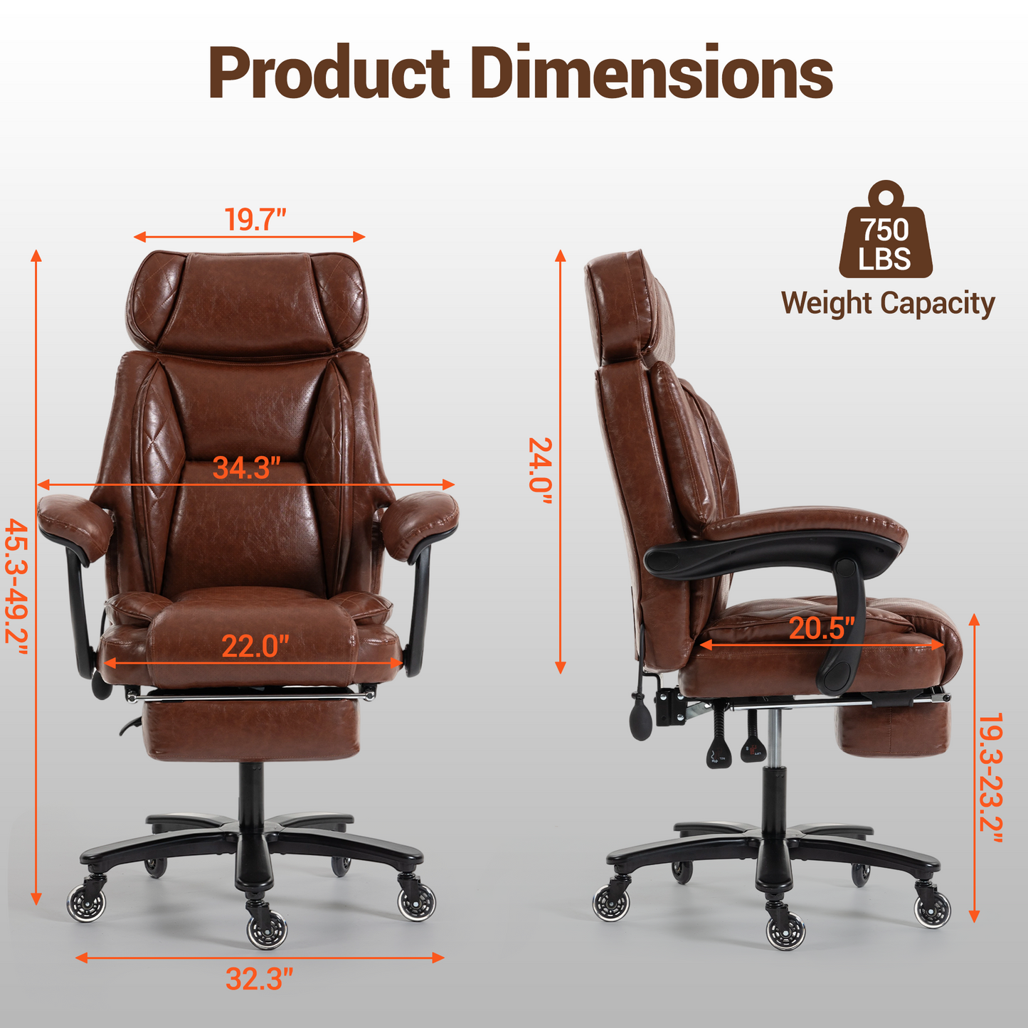 DELMANGO Big and Tall Office Chair, Heavy Duty Executive Office Desk Chair with Footrest, Waist Lumber Support, Adjustable Headrest, Brown