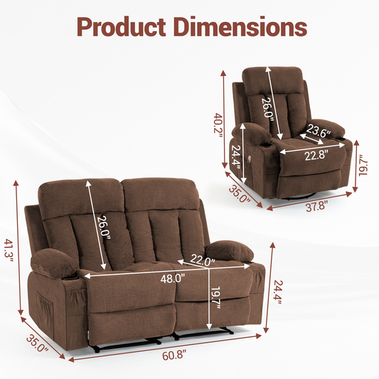 DELMANGO Manual Recliner Sofa Set for Home Theater, Office (Brown, Loveseat+Chair+Chair)