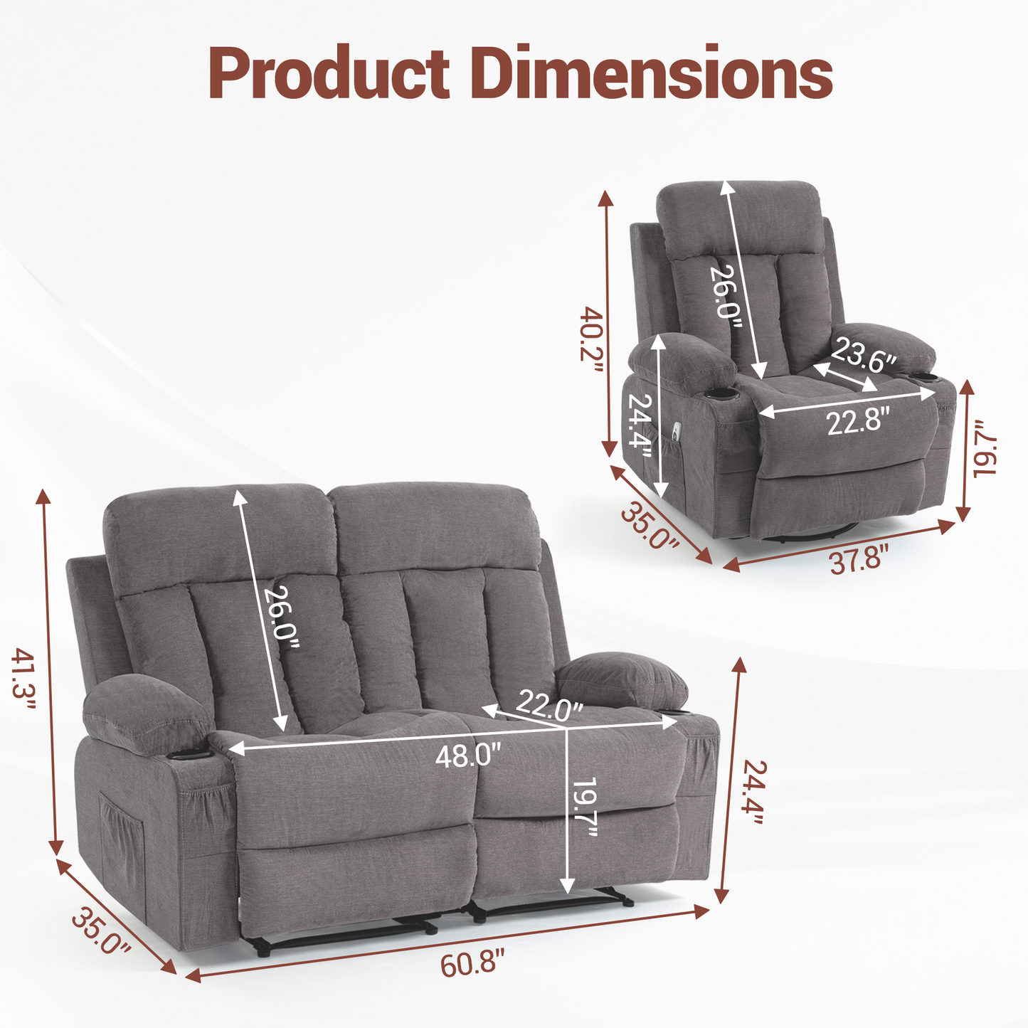 DELMANGO Manual Recliner Sofa Set for Home Theater, Office (Grey, Loveseat+Chair)