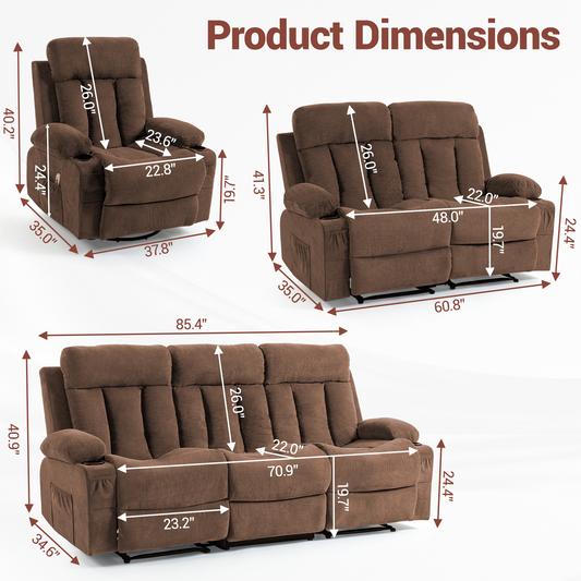DELMANGO Manual Recliner Sofa Set for Home Theater, Office (Brown, Sofa+Loveseat+Chair)