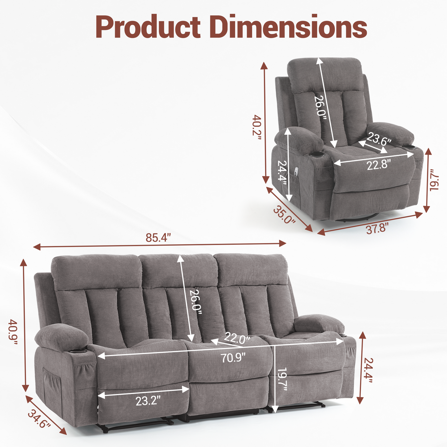 DELMANGO Manual Recliner Sofa Set for Home Theater, Office (Grey, Sofa+Chair)