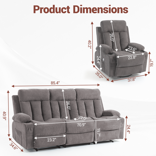 DELMANGO Manual Recliner Sofa Set for Home Theater, Office (Grey, Sofa+Chair)