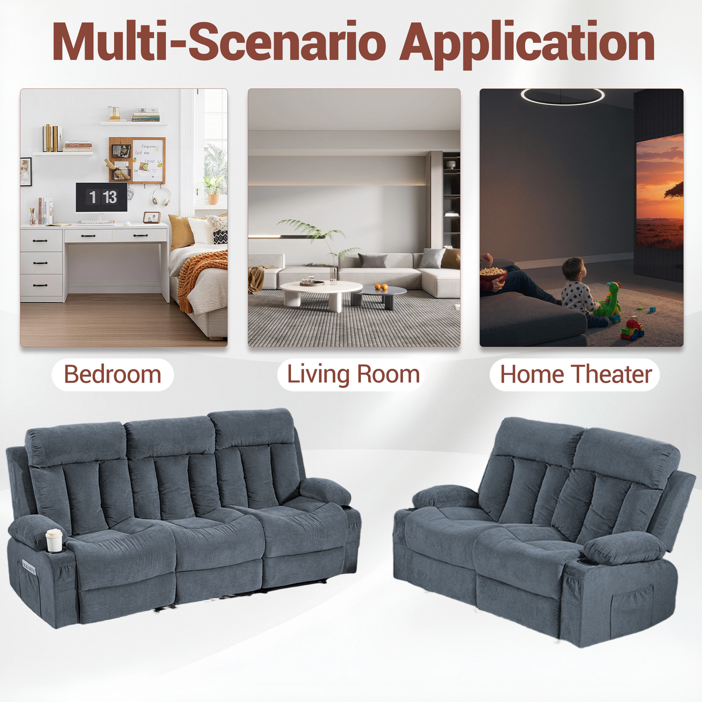 DELMANGO Manual Recliner Sofa Set for Home Theater, Office (Blue, Sofa+Loveseat)