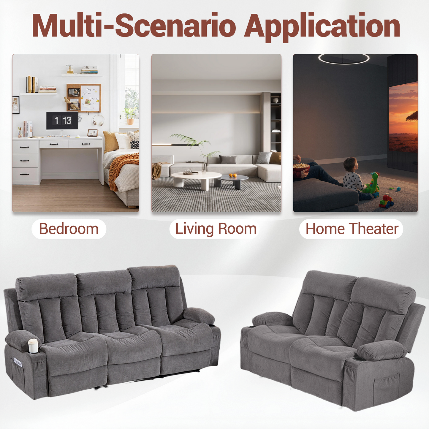 DELMANGO Manual Recliner Sofa Set for Home Theater, Office (Grey, Sofa+Loveseat)