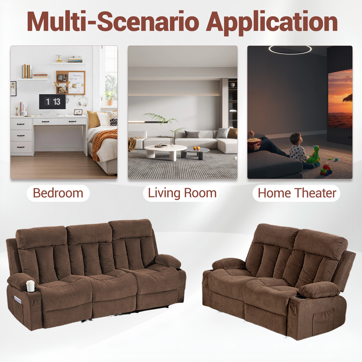 DELMANGO Manual Recliner Sofa Set for Home Theater, Office (Brown, Sofa+Loveseat)