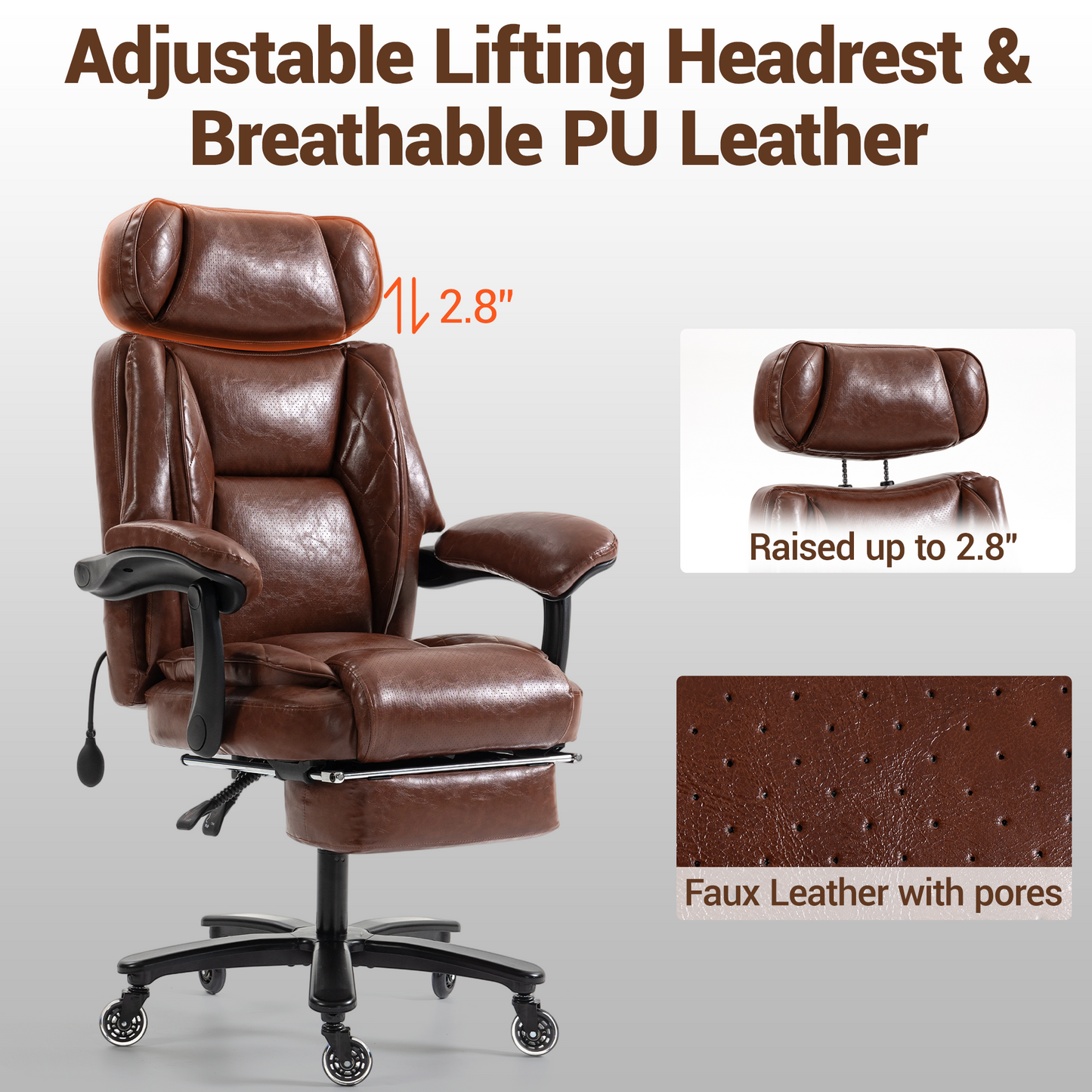 DELMANGO Big and Tall Office Chair, Heavy Duty Executive Office Desk Chair with Footrest, Waist Lumber Support, Adjustable Headrest, Brown