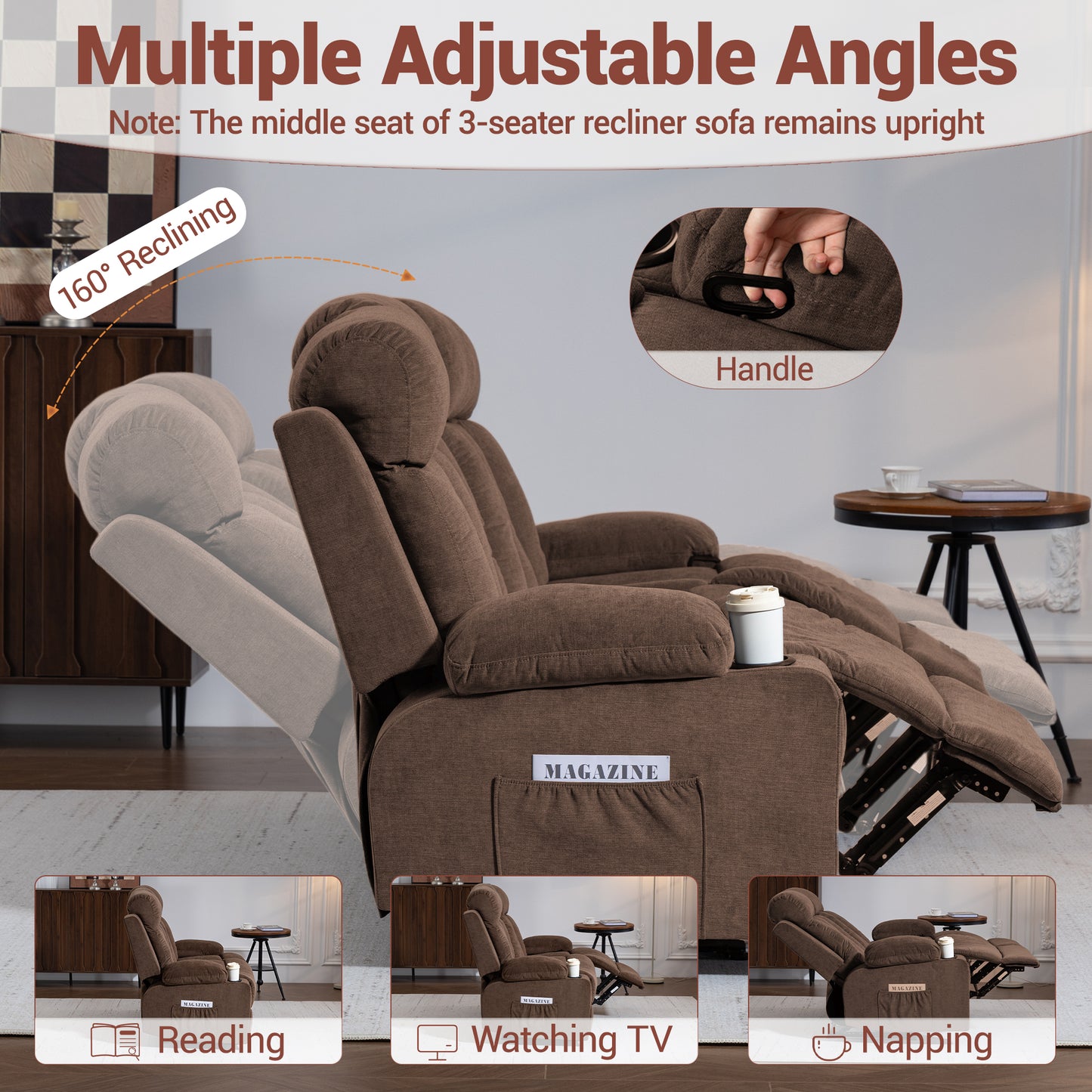 DELMANGO Manual Recliner Sofa Set for Home Theater, Office (Brown, Sofa+Loveseat+Chair)