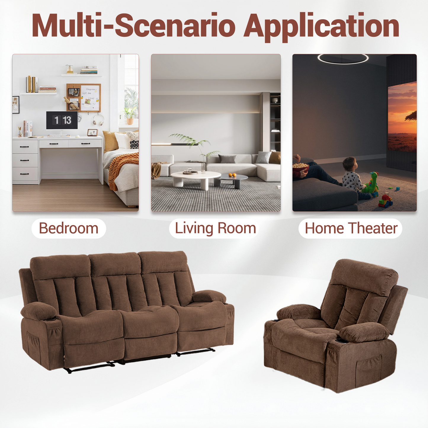 DELMANGO Manual Recliner Sofa Set, 2 Piece Reclining Living Room Furniture Sets with Cup Holders for Home Theater, Office (Brown, Sofa+Chair)