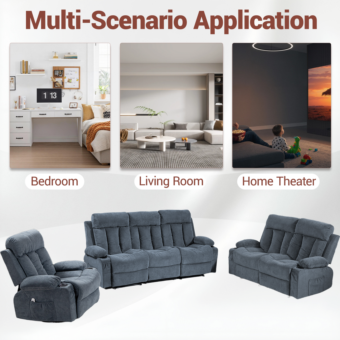 DELMANGO Manual Recliner Sofa Set for Home Theater, Office (Blue, Sofa+Loveseat+Chair)
