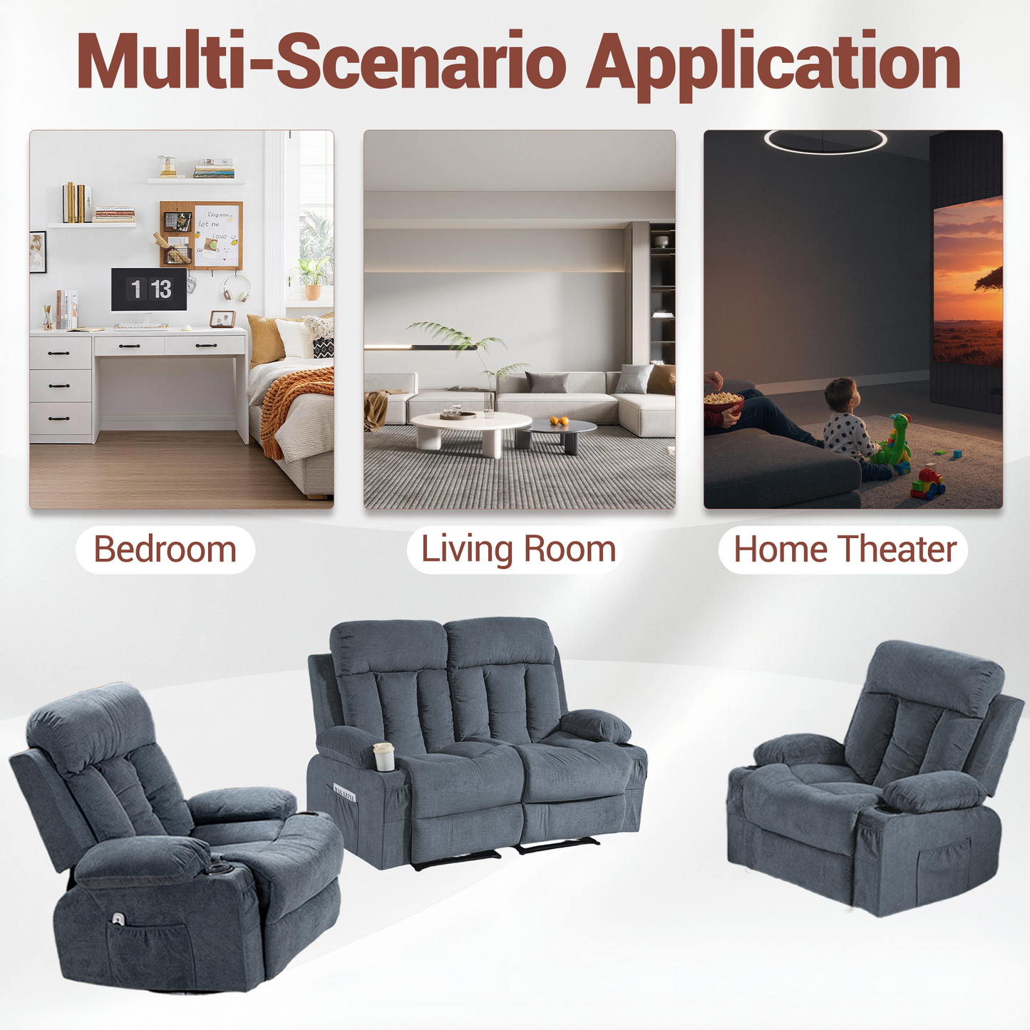 DELMANGO Manual Recliner Sofa Set for Home Theater, Office (Blue, Loveseat+Chair+Chair)