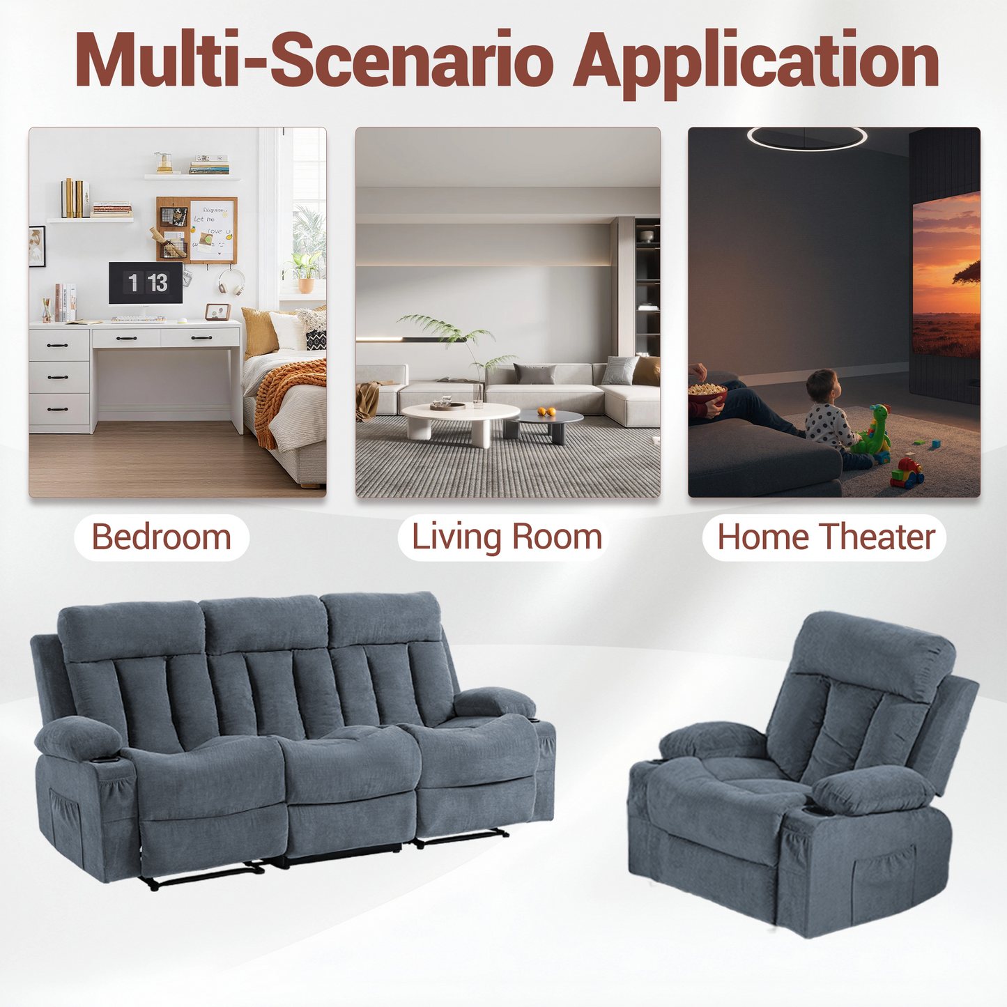 DELMANGO Manual Recliner Sofa Set for Home Theater, Office (Blue, Sofa+Chair)