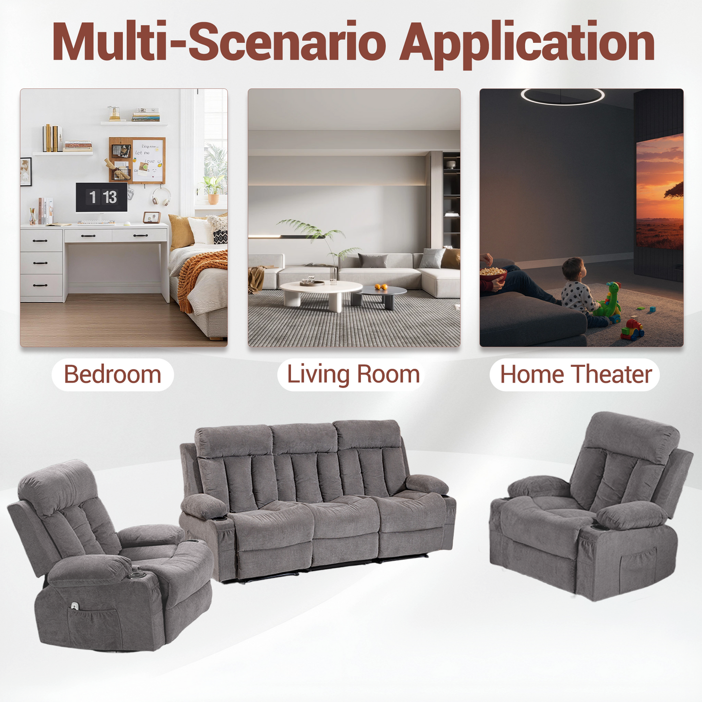 DELMANGO Manual Recliner Sofa Set for Home Theater, Office (Grey, Sofa+Chair+Chair)