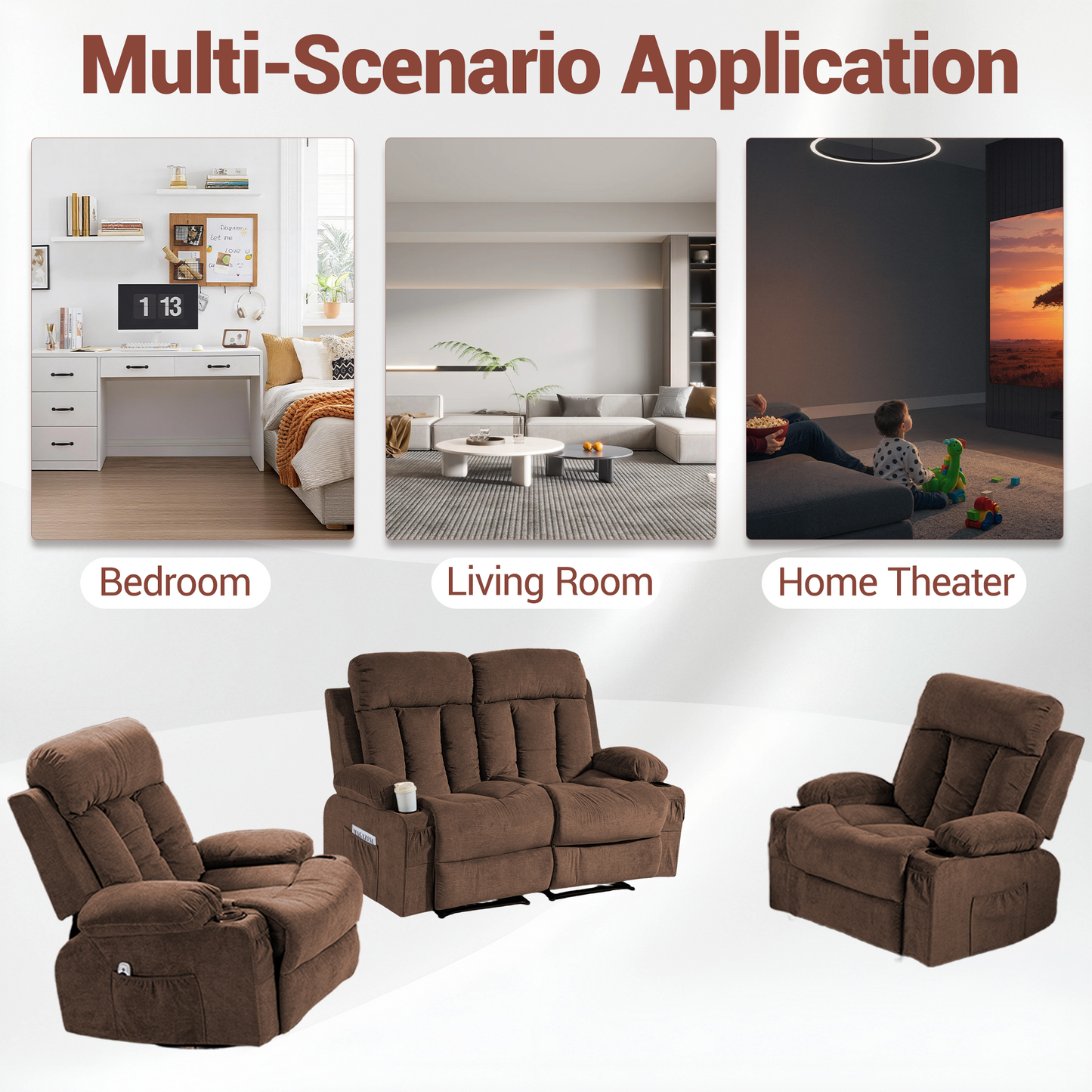 DELMANGO Manual Recliner Sofa Set for Home Theater, Office (Brown, Loveseat+Chair+Chair)