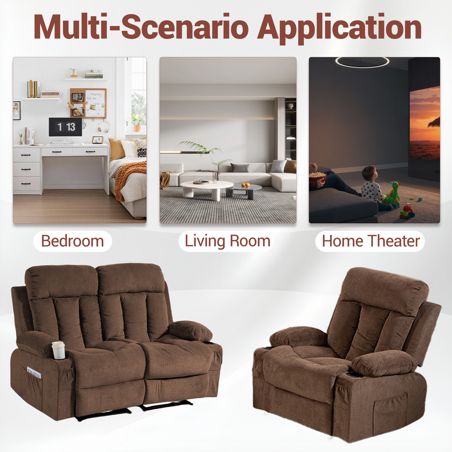 DELMANGO Manual Recliner Sofa Set for Home Theater, Office (Brown, Loveseat+Chair)