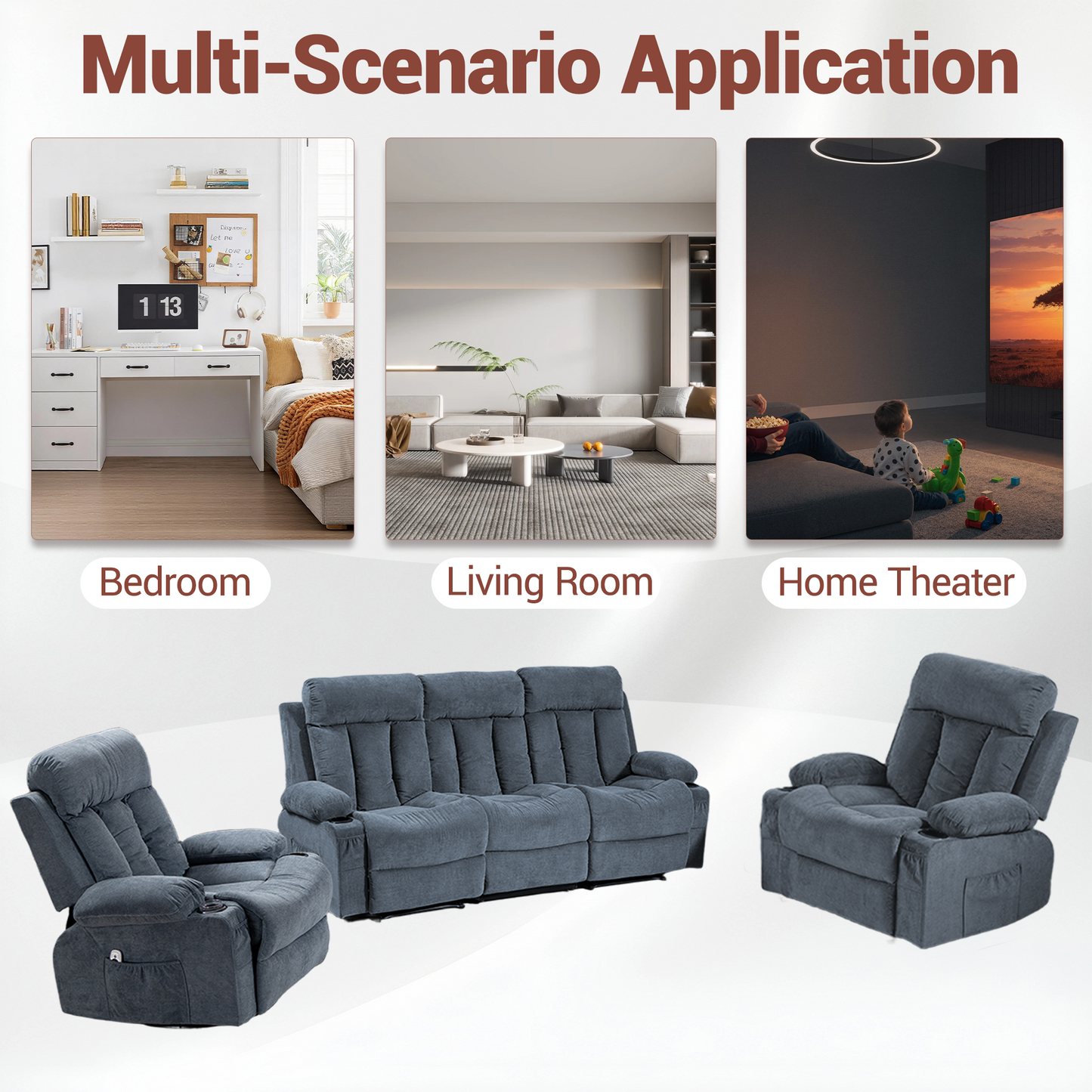 DELMANGO Manual Recliner Sofa Set for Home Theater, Office (Blue, Sofa+Chair+Chair)