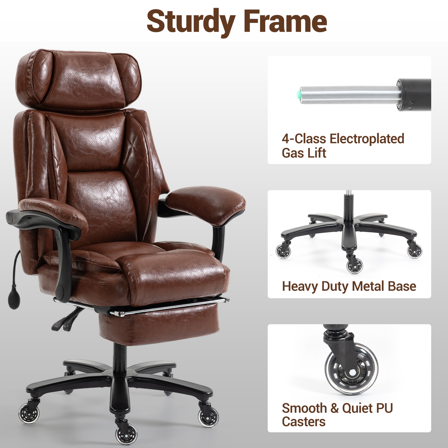 DELMANGO Big and Tall Office Chair, Heavy Duty Executive Office Desk Chair with Footrest, Waist Lumber Support, Adjustable Headrest, Brown