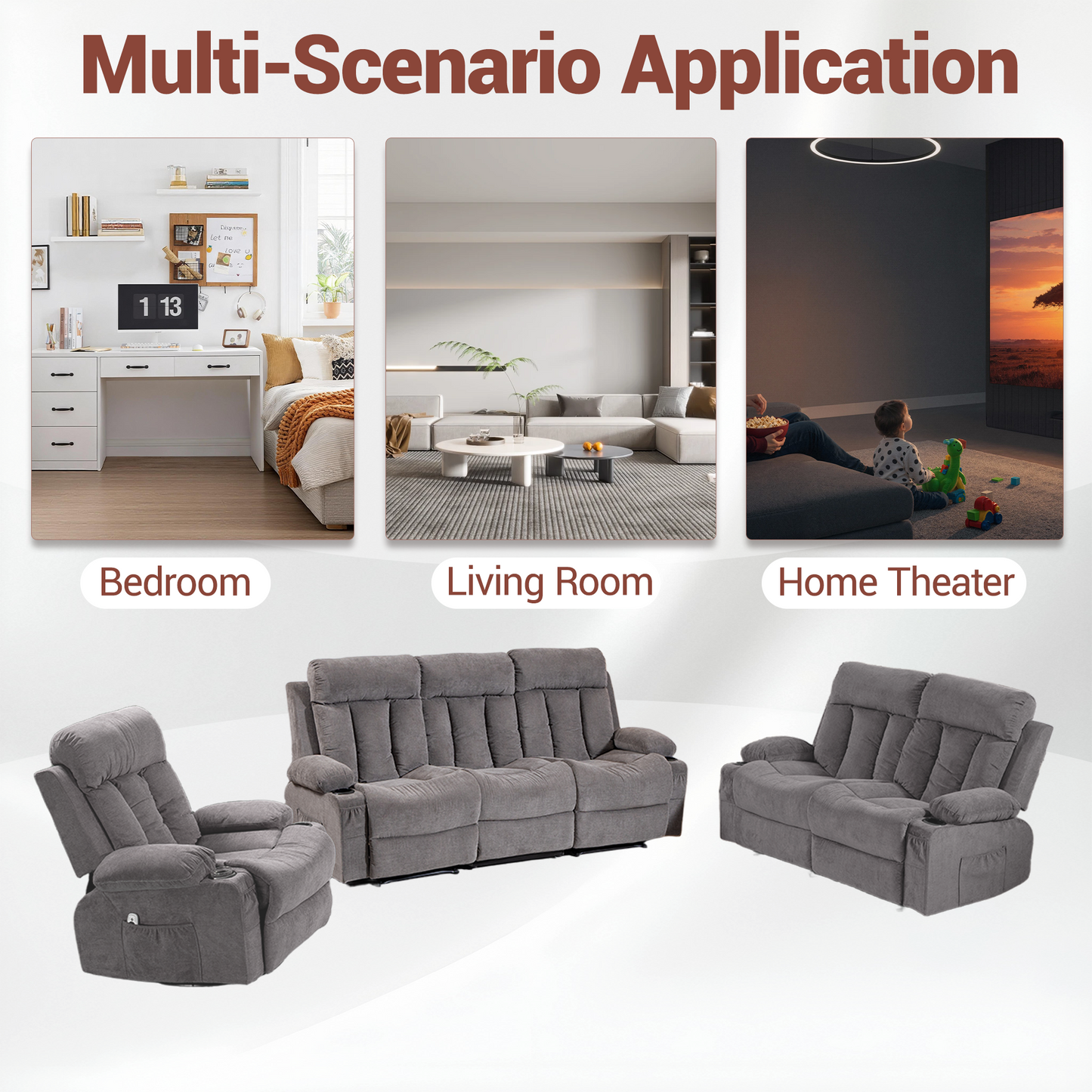DELMANGO Manual Recliner Sofa Set for Home Theater, Office (Grey, Sofa+Loveseat+Chair)