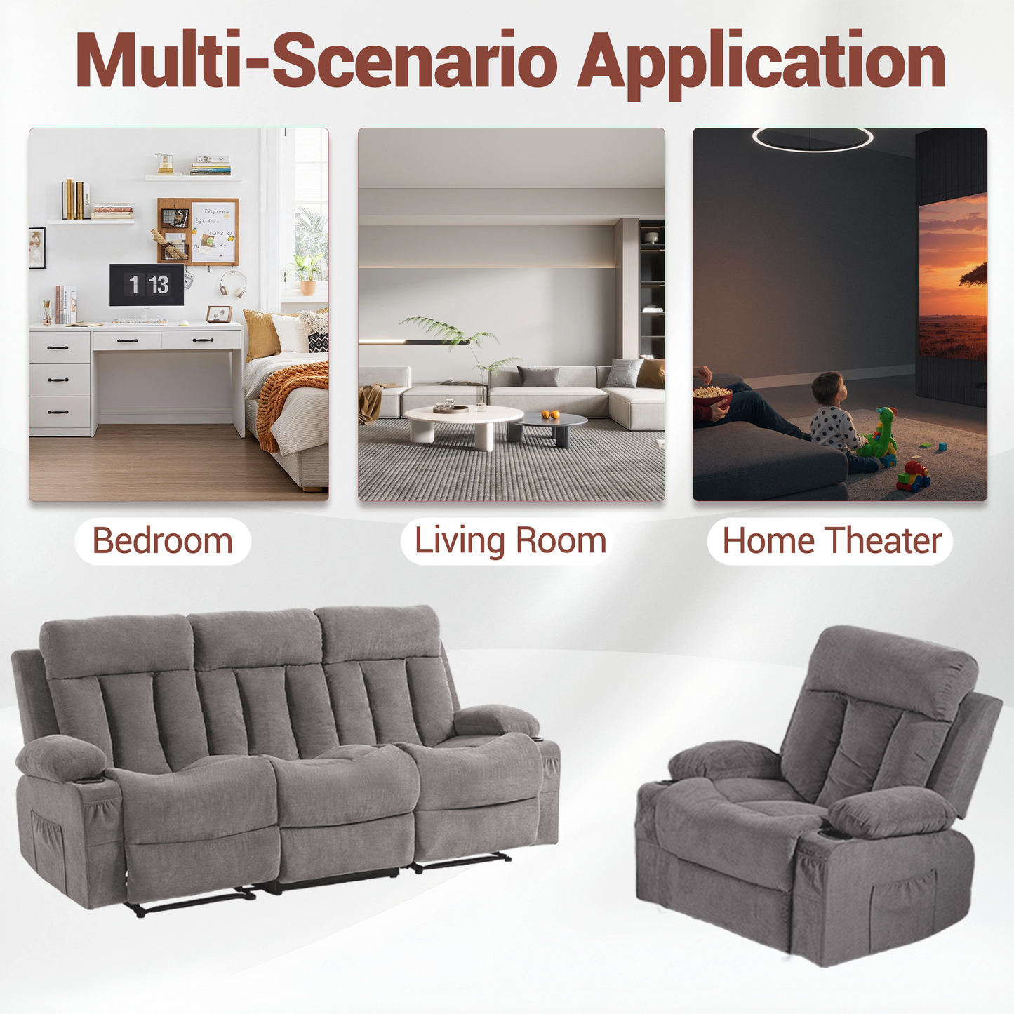 DELMANGO Manual Recliner Sofa Set for Home Theater, Office (Grey, Sofa+Chair)