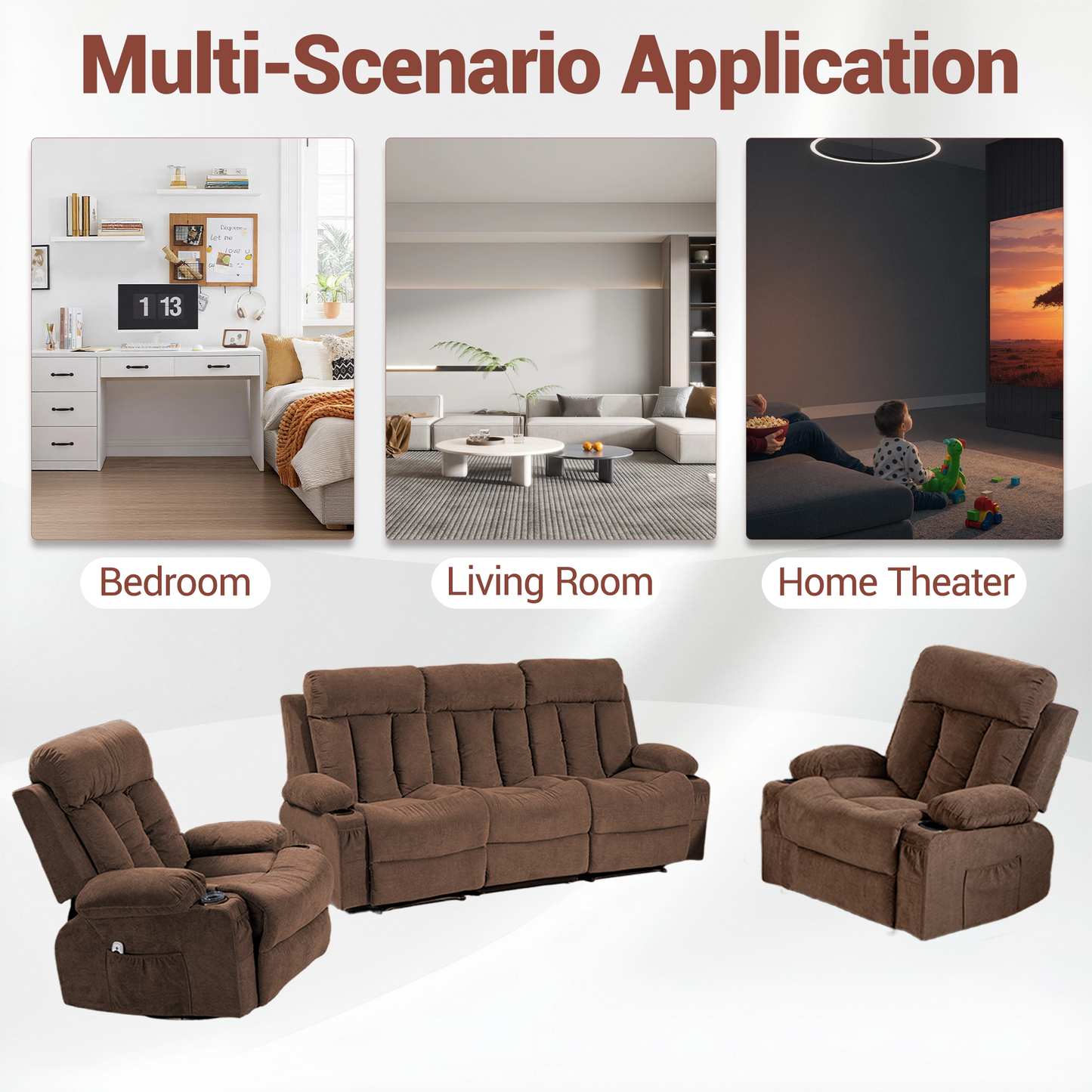 DELMANGO Manual Recliner Sofa Set (Brown, Sofa+Chair+Chair)
