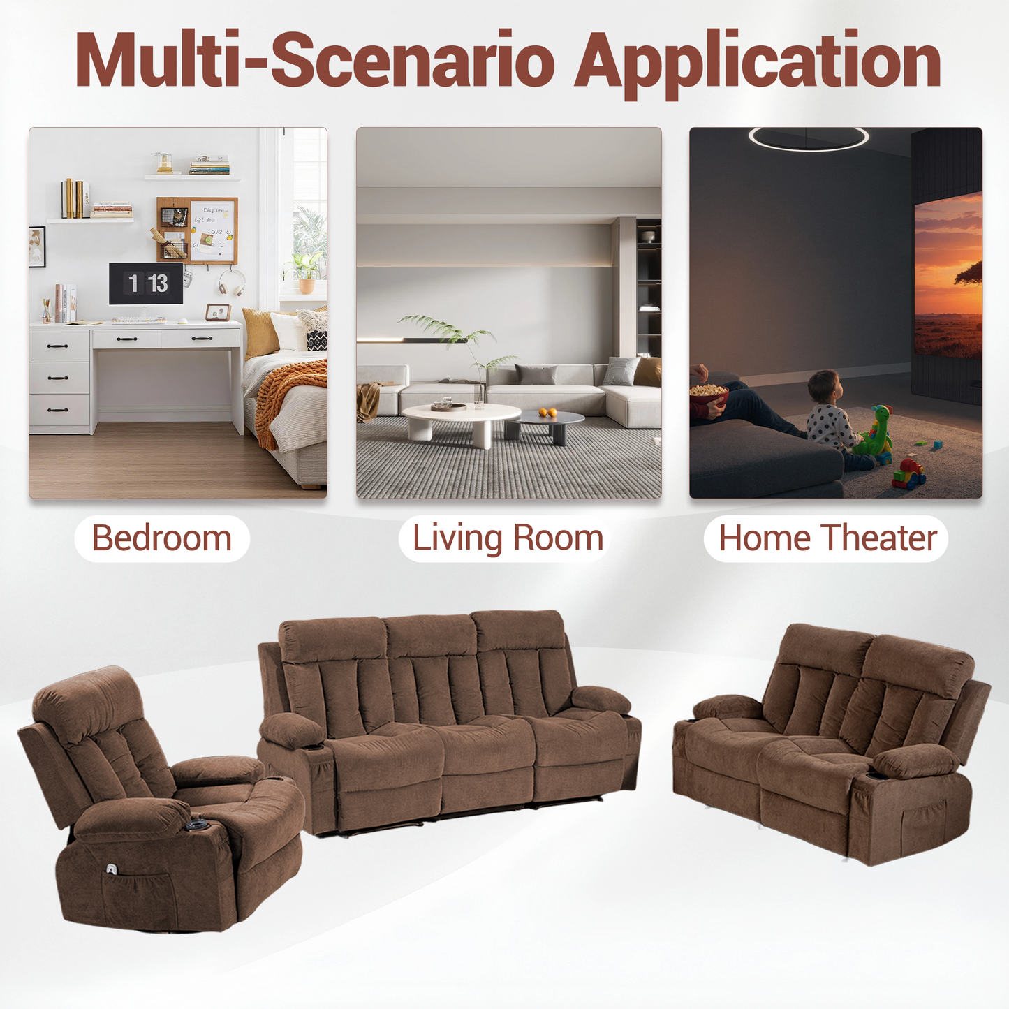 DELMANGO Manual Recliner Sofa Set for Home Theater, Office (Brown, Sofa+Loveseat+Chair)