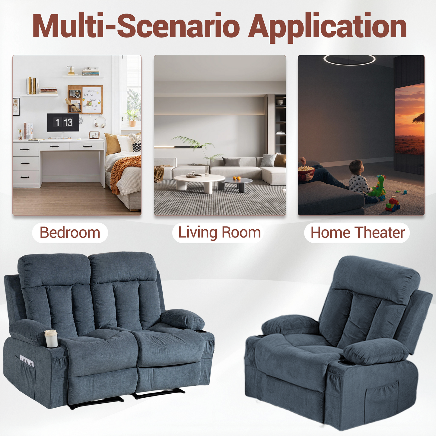 DELMANGO Manual Recliner Sofa Set for Home Theater, Office (Blue, Loveseat+Chair)