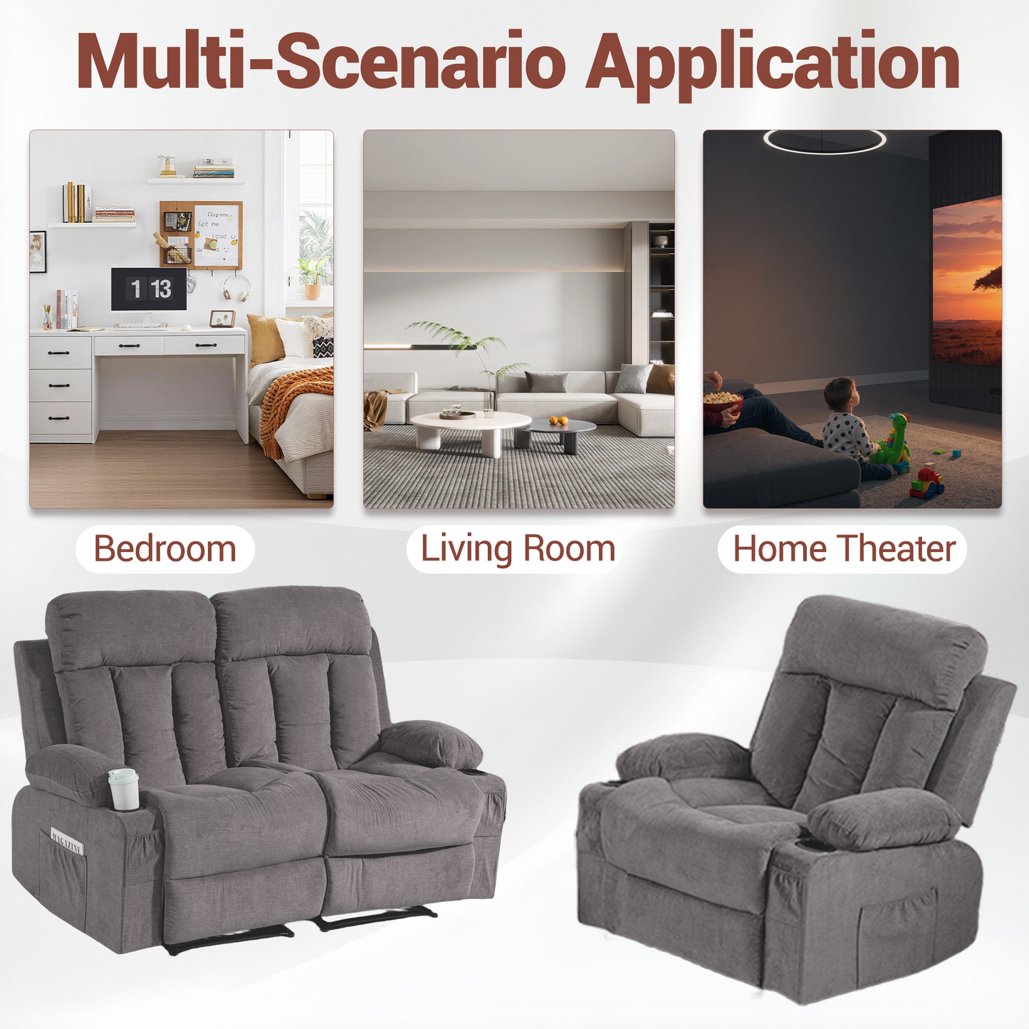 DELMANGO Manual Recliner Sofa Set for Home Theater, Office (Grey, Loveseat+Chair)